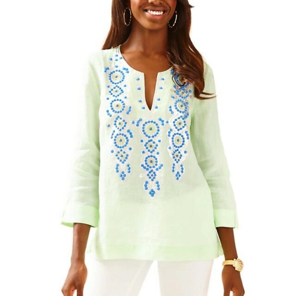 Lilly Pulitzer Mint Green Linen Beaded Embellished Tunic Top Size L